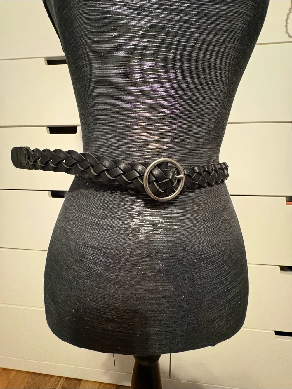 Hollister Black Braided Leather Belt with Round Metal Buckle